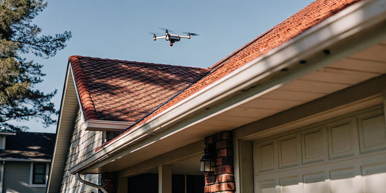 A drone performing a roof inspection above a suburban home