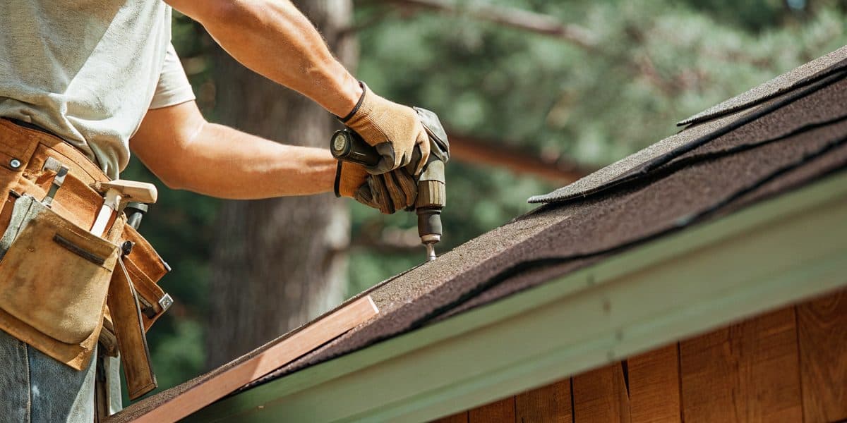 Roofer installing shingles with a nail gun