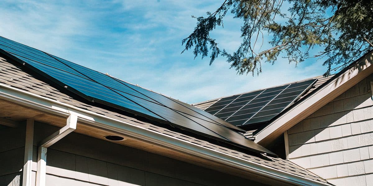 Solar panels mounted on a newly shingled roof