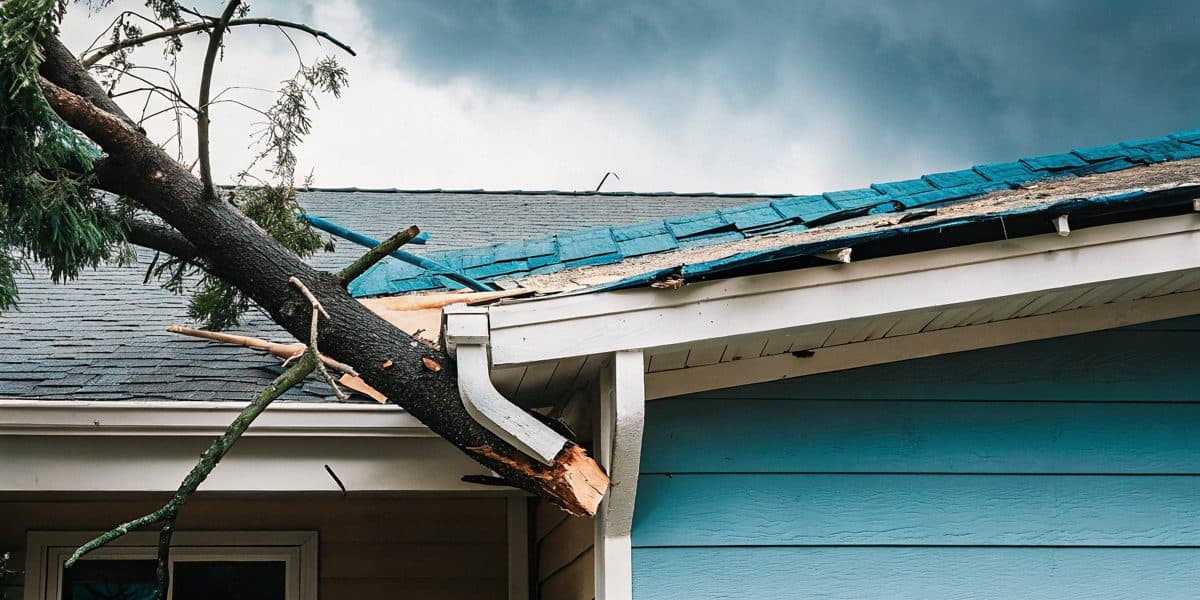 Residential roof showing wind and hail damage to shingles